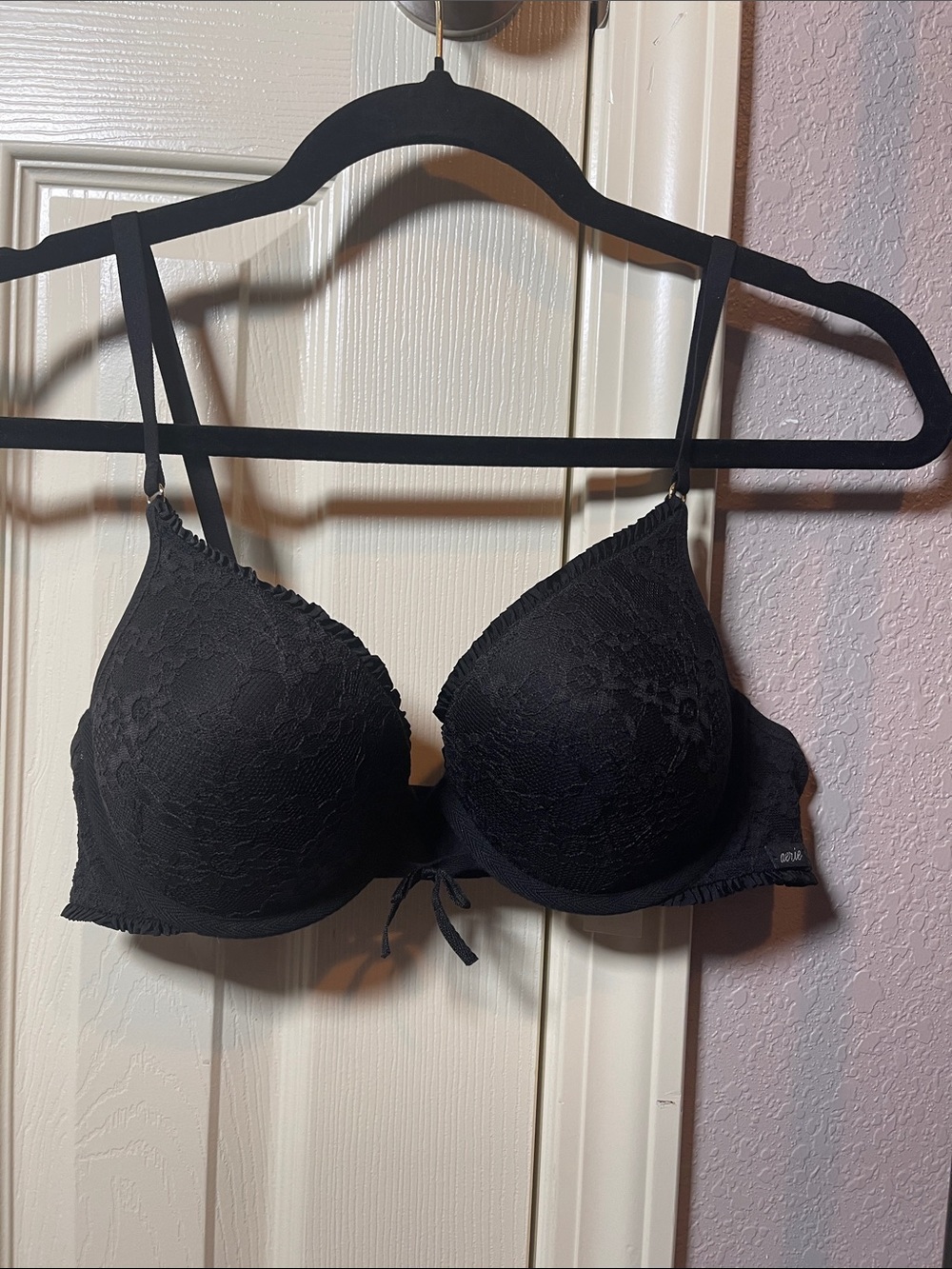 aerie Black Lace Push-Up Bra with Bow Detail